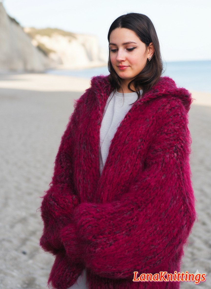 Mohair Coat Burgundy Oversize Longhair Mohair HandKnitted by LanaKnittings - Image 2