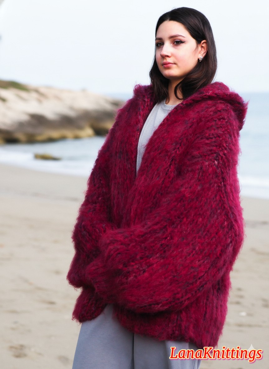 Mohair Coat Burgundy Oversize Longhair Mohair HandKnitted by LanaKnittings - Image 4
