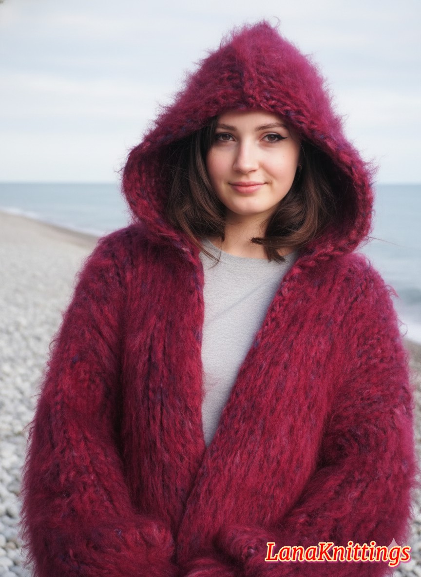 Mohair Coat Burgundy Oversize Longhair Mohair HandKnitted by LanaKnittings - Image 3