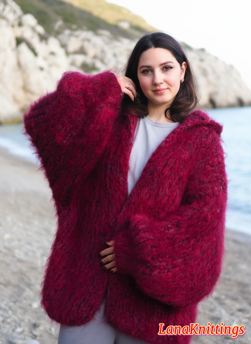 Mohair Coat Burgundy Oversize Longhair Mohair HandKnitted by LanaKnittings - Image 9