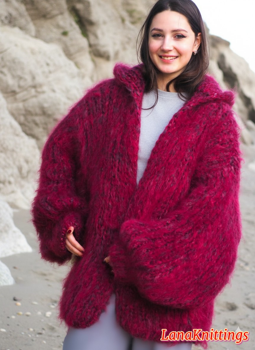 Mohair Coat Burgundy Oversize Longhair Mohair HandKnitted by LanaKnittings