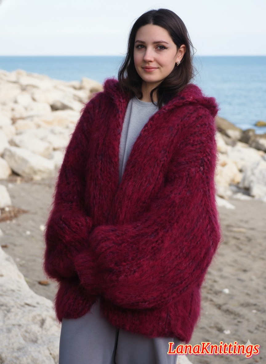Mohair Coat Burgundy Oversize Longhair Mohair HandKnitted by LanaKnittings - Image 7