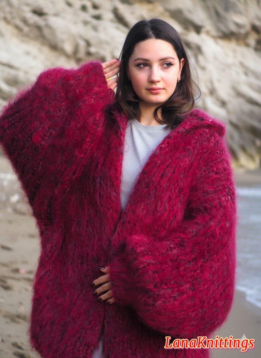 Mohair Coat Burgundy Oversize Longhair Mohair HandKnitted by LanaKnittings - Image 5