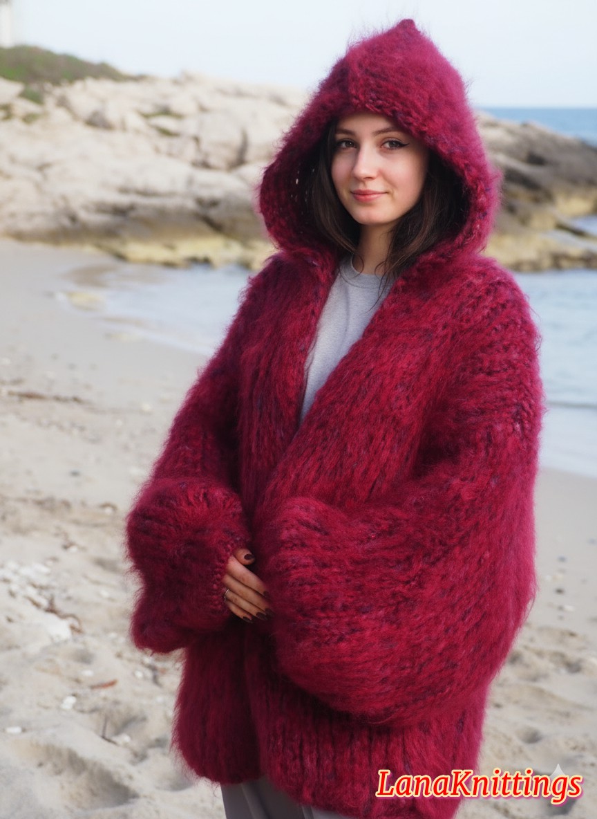 Mohair Coat Burgundy Oversize Longhair Mohair HandKnitted by LanaKnittings - Image 8