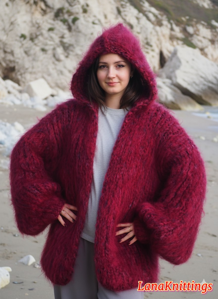 Mohair Coat Burgundy Oversize Longhair Mohair HandKnitted by LanaKnittings - Image 10