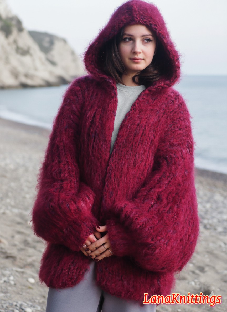 Mohair Coat Burgundy Oversize Longhair Mohair HandKnitted by LanaKnittings - Image 11