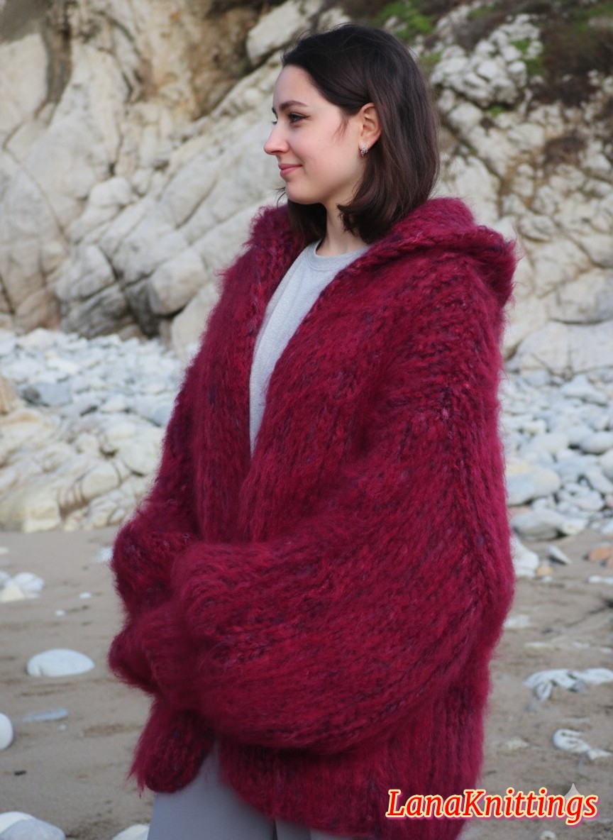 Mohair Coat Burgundy Oversize Longhair Mohair HandKnitted by LanaKnittings - Image 12