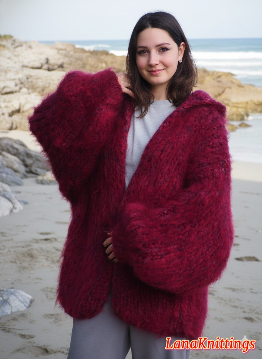 Mohair Coat Burgundy Oversize Longhair Mohair HandKnitted by LanaKnittings - Image 13