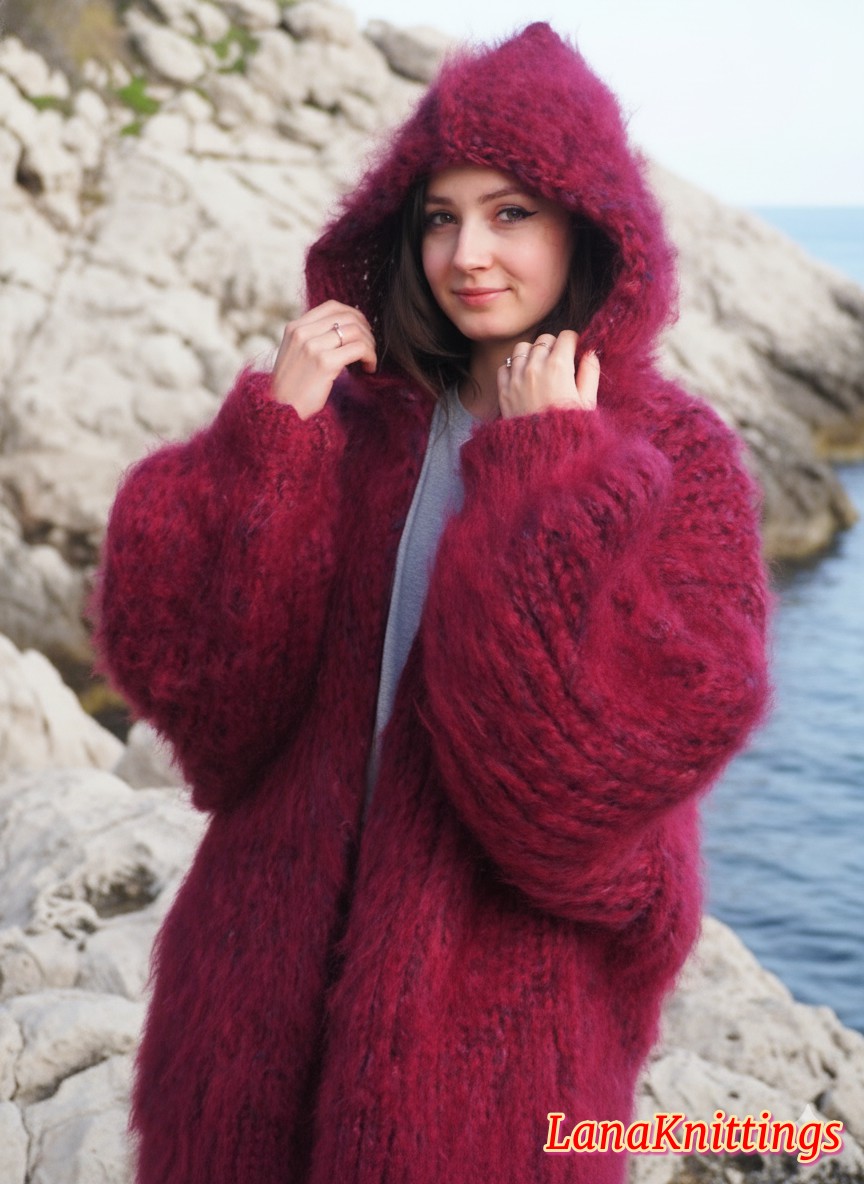 Mohair Coat Burgundy Oversize Longhair Mohair HandKnitted by LanaKnittings - Image 14