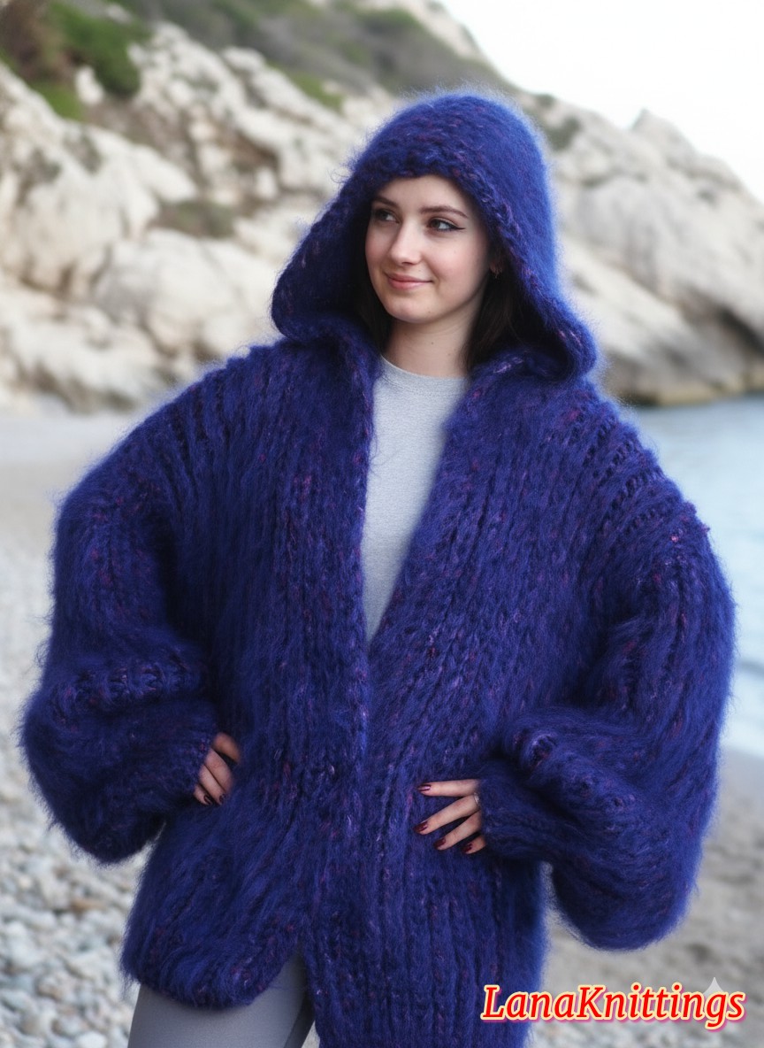 Mohair Coat Purple Hood Oversize Longhair Mohair HandKnitted by LanaKnittings - Image 2