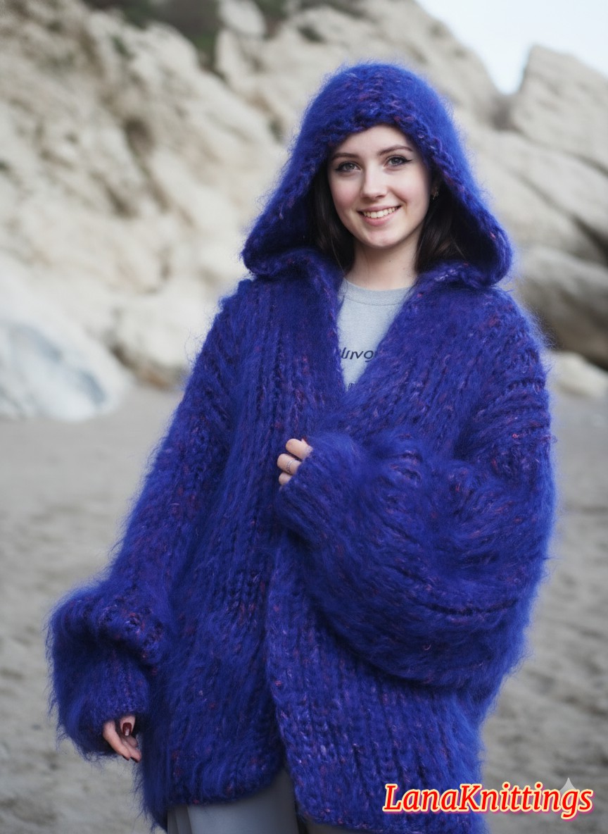 Mohair Coat Purple Hood Oversize Longhair Mohair HandKnitted by LanaKnittings - Image 3