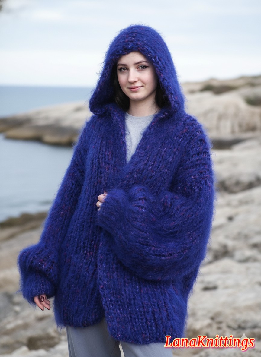 Mohair Coat Purple Hood Oversize Longhair Mohair HandKnitted by LanaKnittings - Image 5