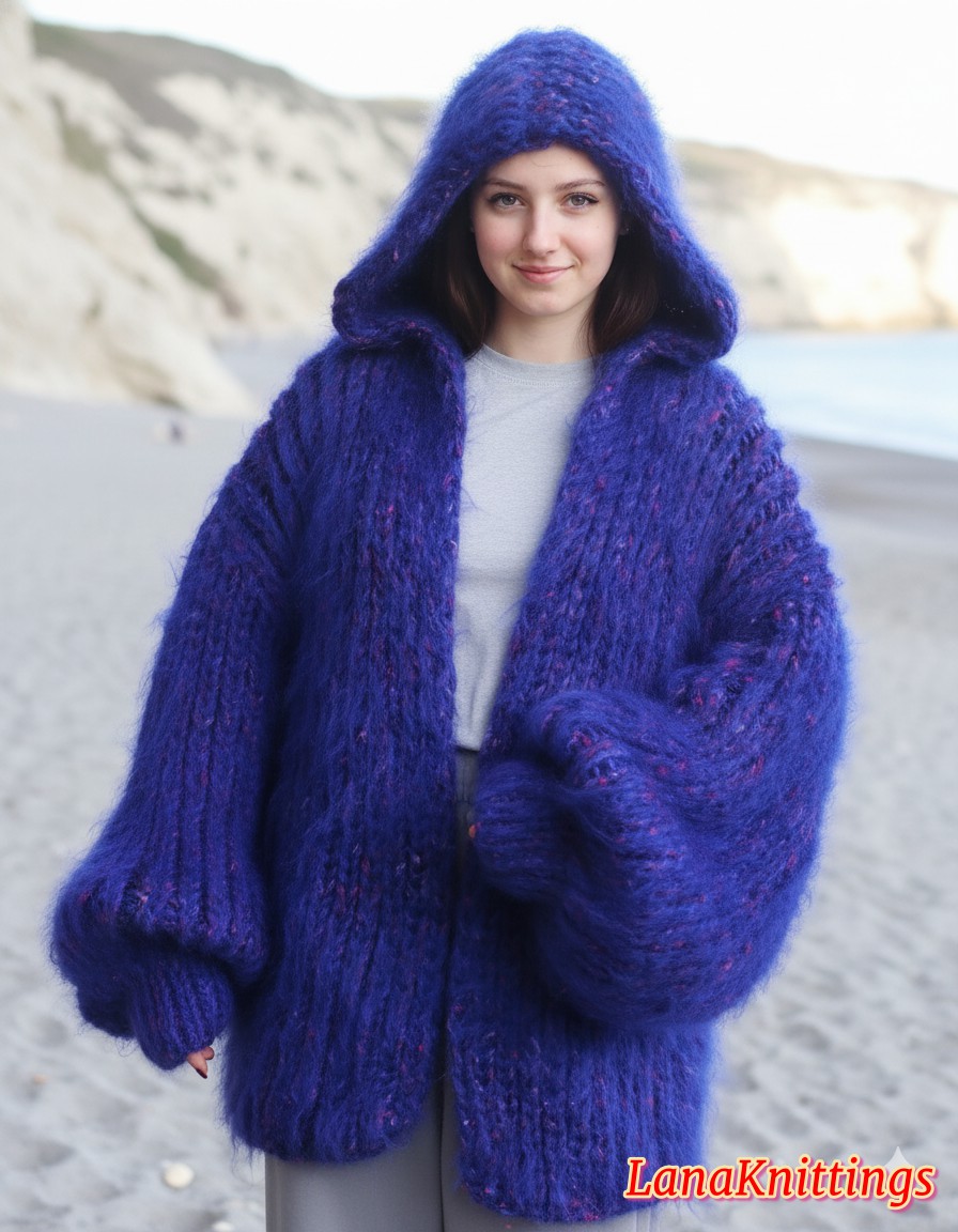Mohair Coat Purple Hood Oversize Longhair Mohair HandKnitted by LanaKnittings - Image 7