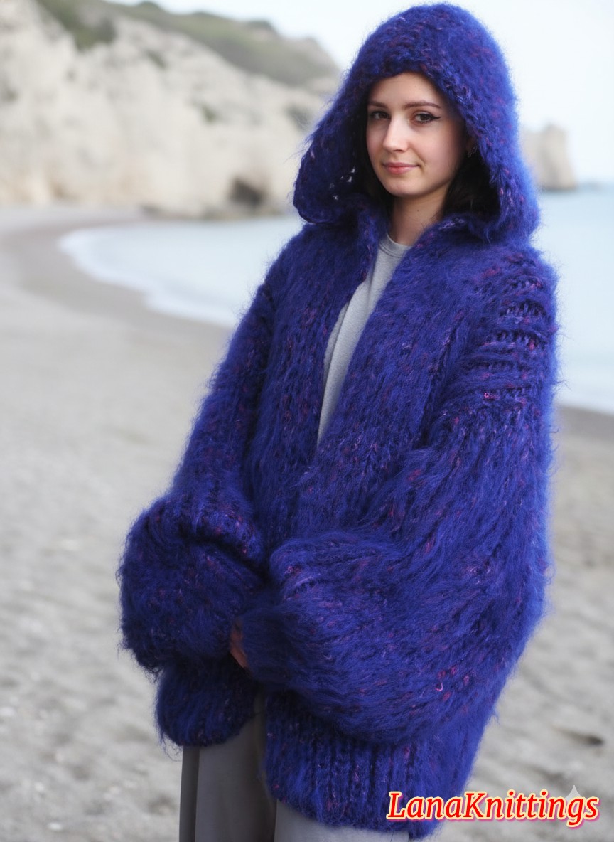 Mohair Coat Purple Hood Oversize Longhair Mohair HandKnitted by LanaKnittings - Image 8