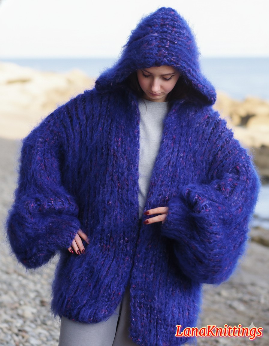 Mohair Coat Purple Hood Oversize Longhair Mohair HandKnitted by LanaKnittings - Image 4