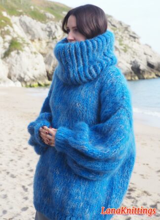 Mohair Sweater Extra Thick Oversize Blue T-neck removable  Handmade Handknitted by Lanaknittings