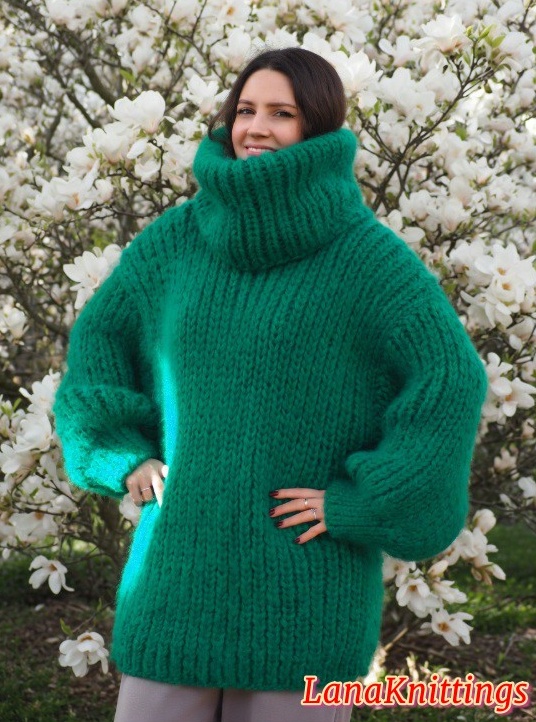 Mohair Sweater Extra Thick Oversize Green T-neck removable Handmade Handknitted by Lanaknittings - Image 3