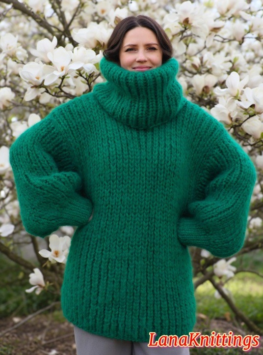 Mohair Sweater Extra Thick Oversize Green T-neck removable Handmade Handknitted by Lanaknittings - Image 5
