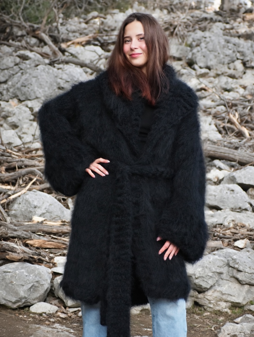 Mohair Coat Black Oversize Thick Mohair HandKnitted Handmade LanaKnittings - Image 3