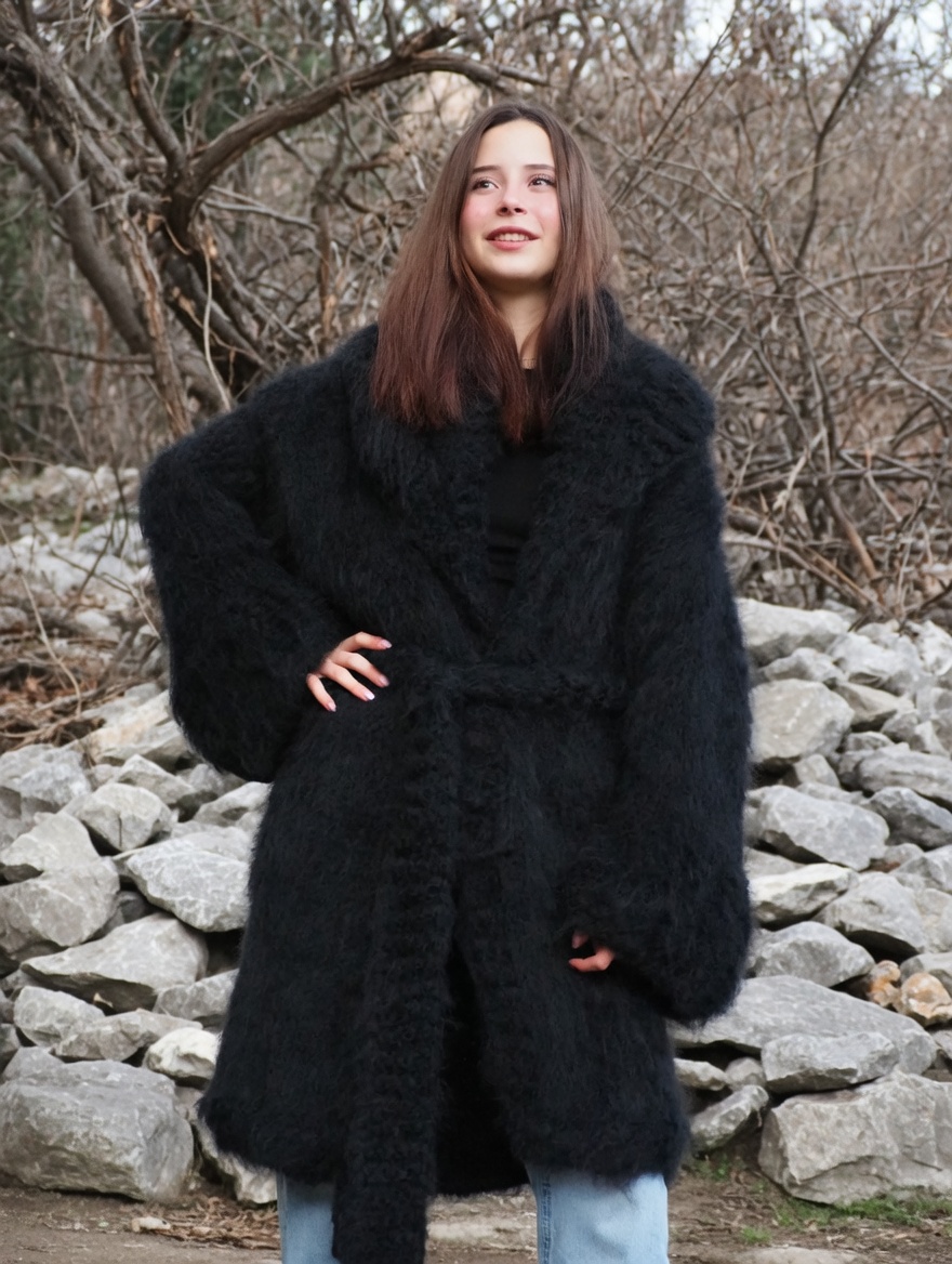 Mohair Coat Black Oversize Thick Mohair HandKnitted Handmade LanaKnittings - Image 8