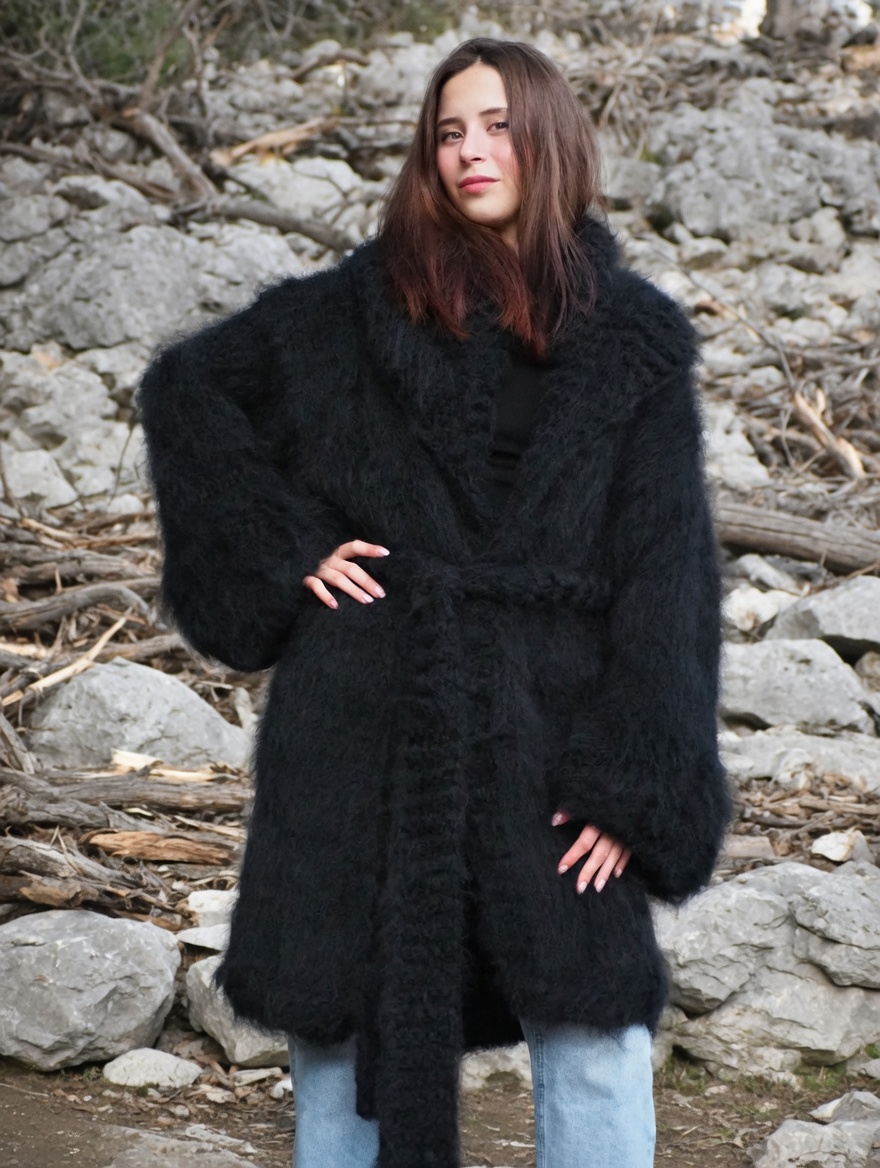 Mohair Coat Black Oversize Thick Mohair HandKnitted Handmade LanaKnittings - Image 9