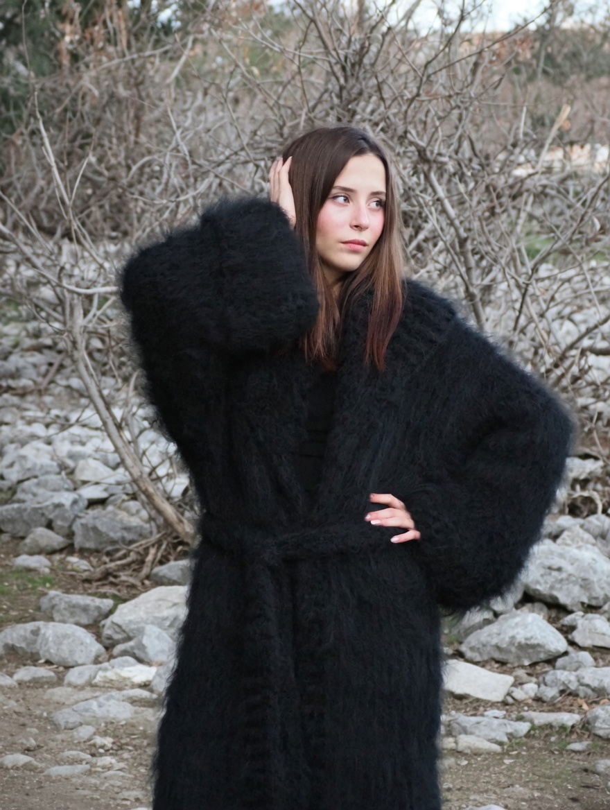 Mohair Coat Black Oversize Thick Mohair HandKnitted Handmade LanaKnittings - Image 5