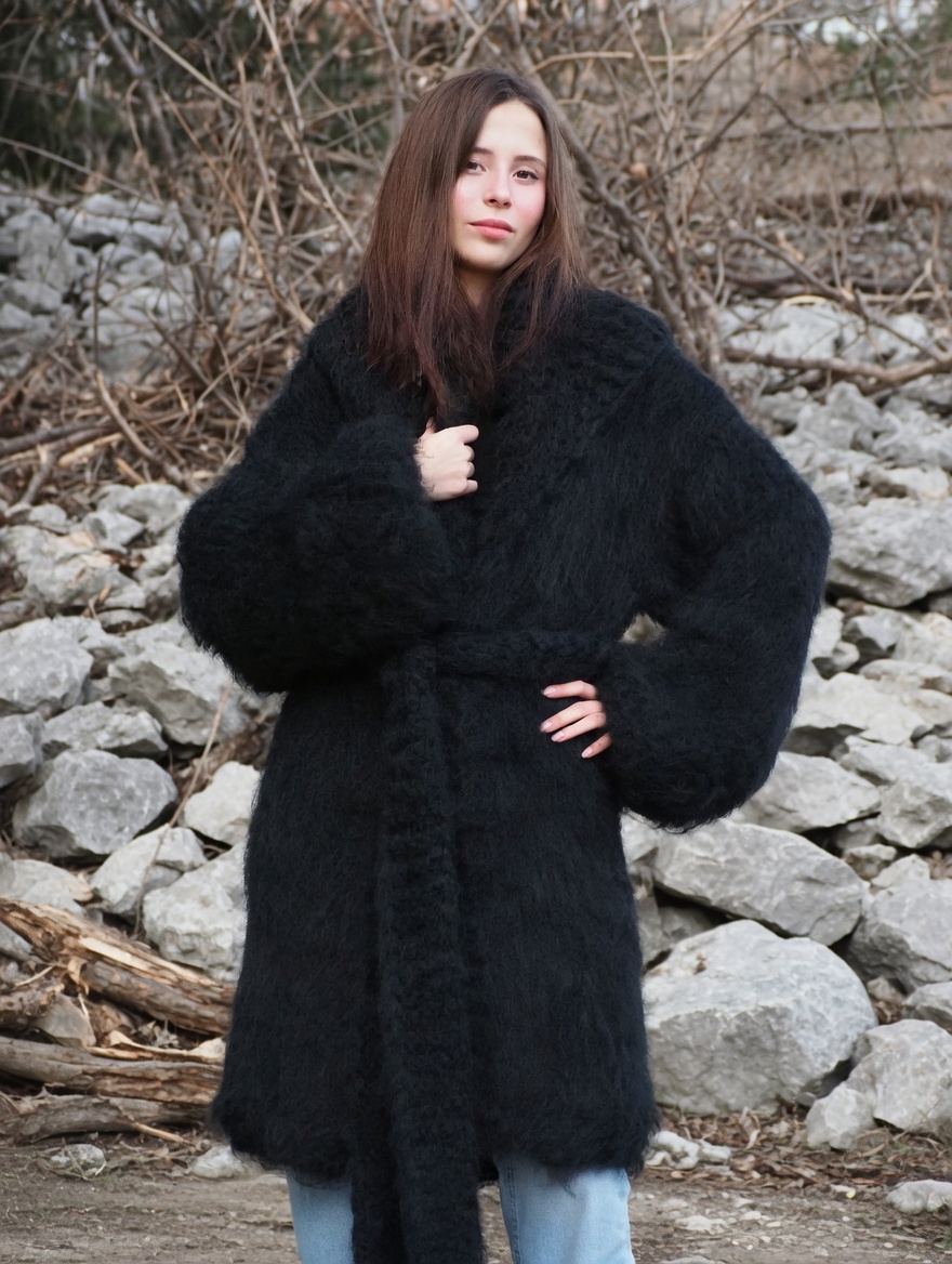 Mohair Coat Black Oversize Thick Mohair HandKnitted Handmade LanaKnittings - Image 11