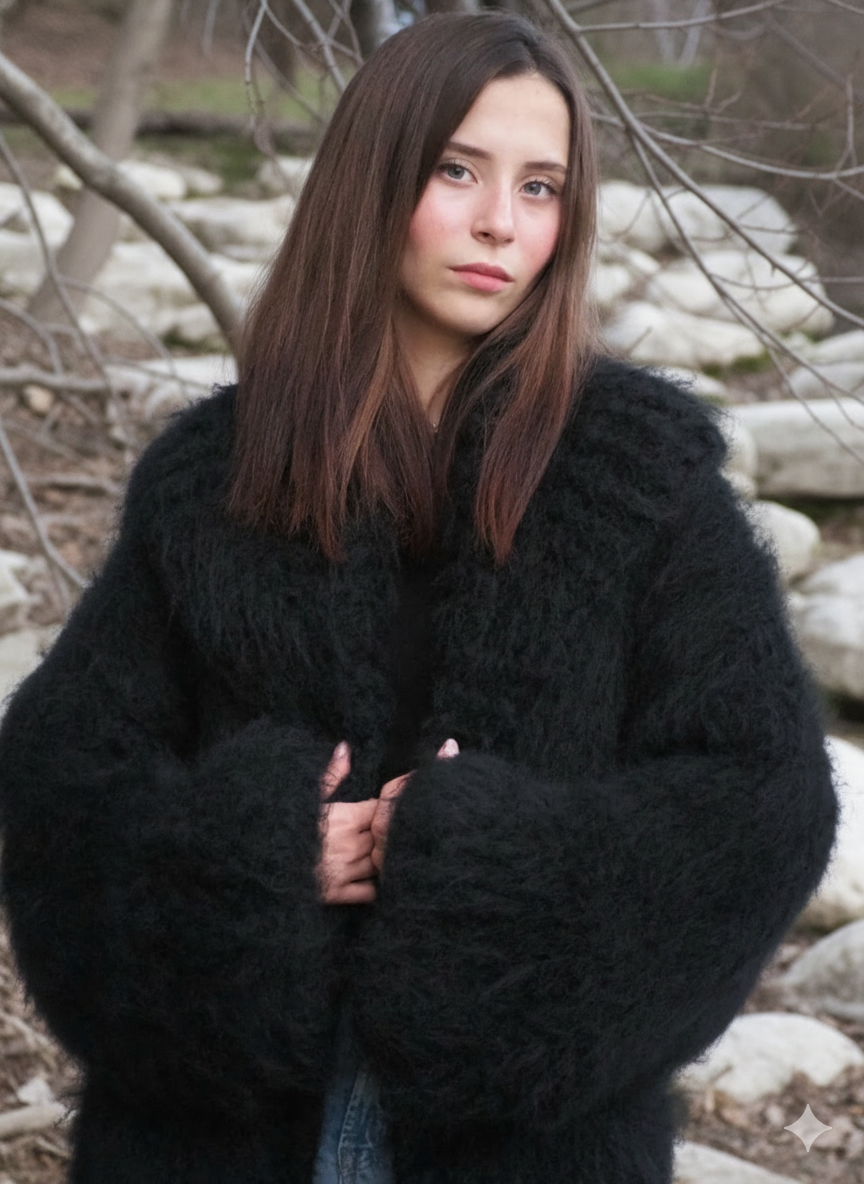 Mohair Coat Black Oversize Thick Mohair HandKnitted Handmade LanaKnittings - Image 12