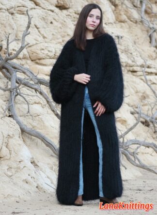 Mohair Long Coat Black Oversize Thick Mohair HandKnitted Handmade LanaKnittings