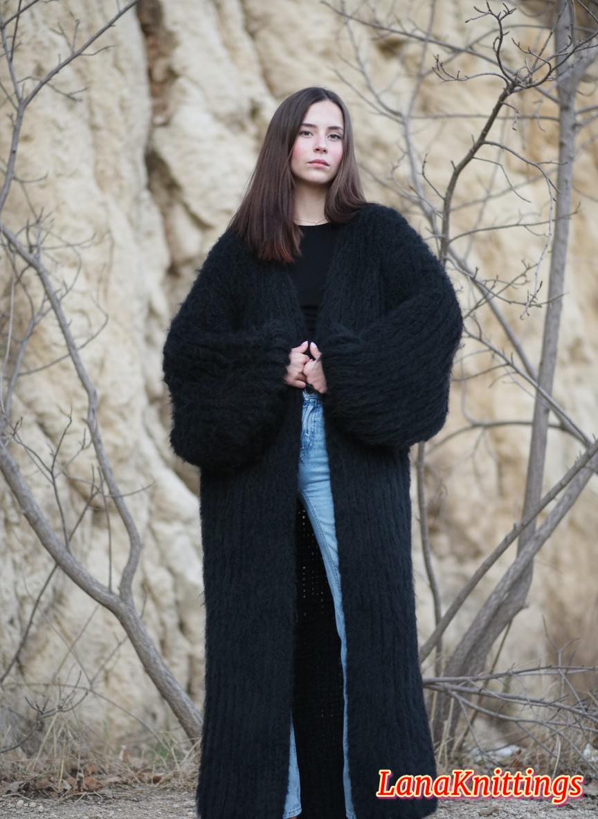 Mohair Long Coat Black Oversize Thick Mohair HandKnitted Handmade LanaKnittings - Image 9