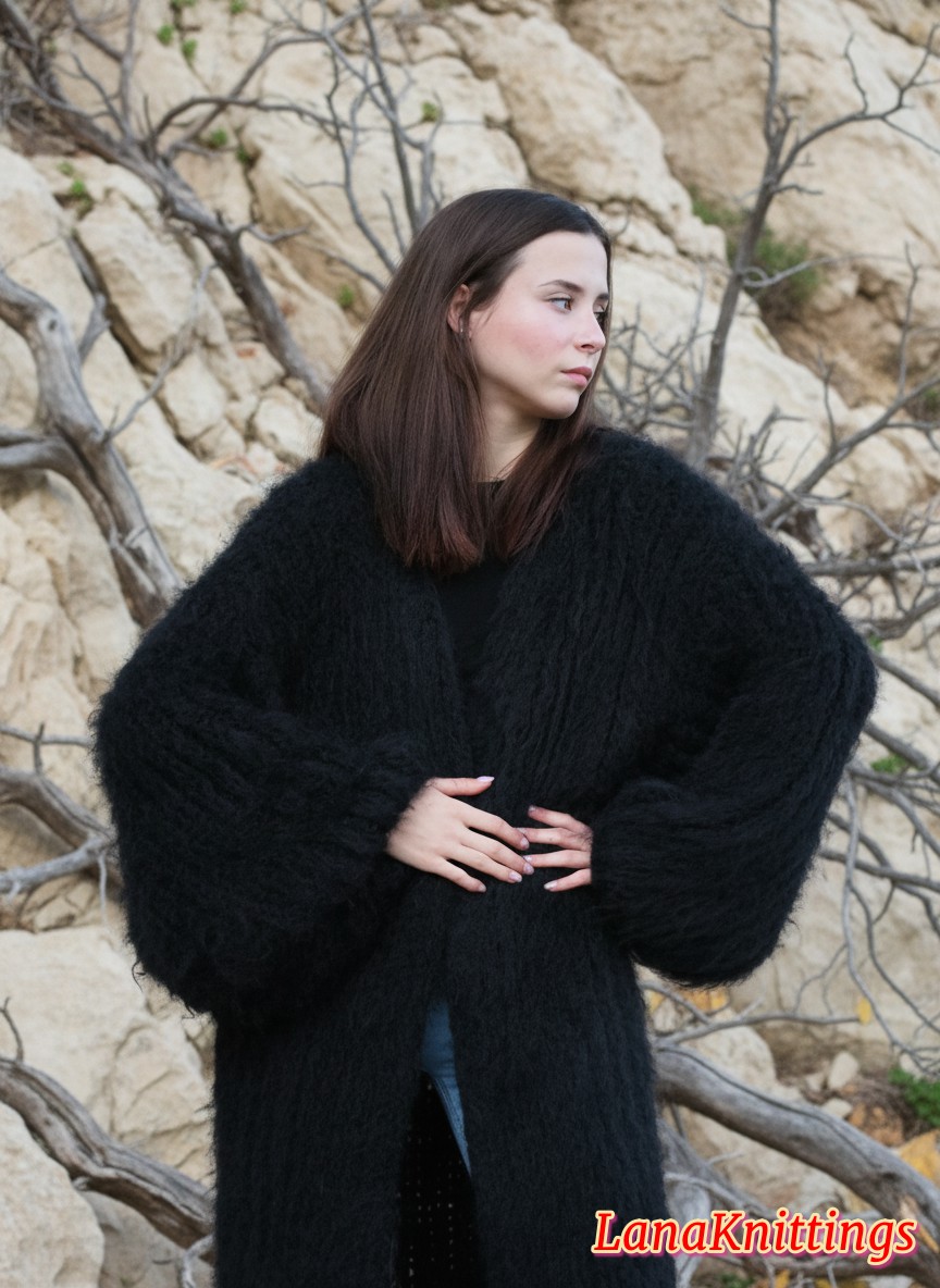 Mohair Long Coat Black Oversize Thick Mohair HandKnitted Handmade LanaKnittings - Image 11