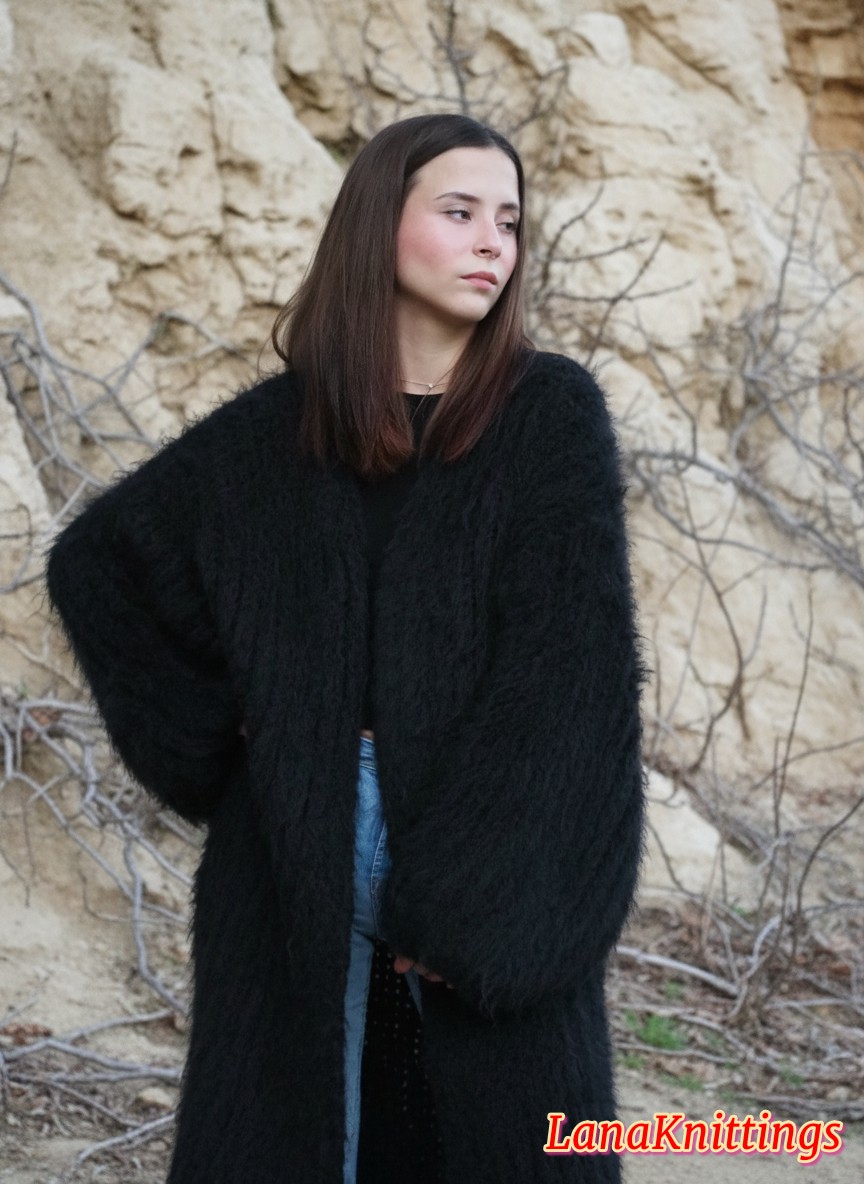 Mohair Long Coat Black Oversize Thick Mohair HandKnitted Handmade LanaKnittings - Image 12