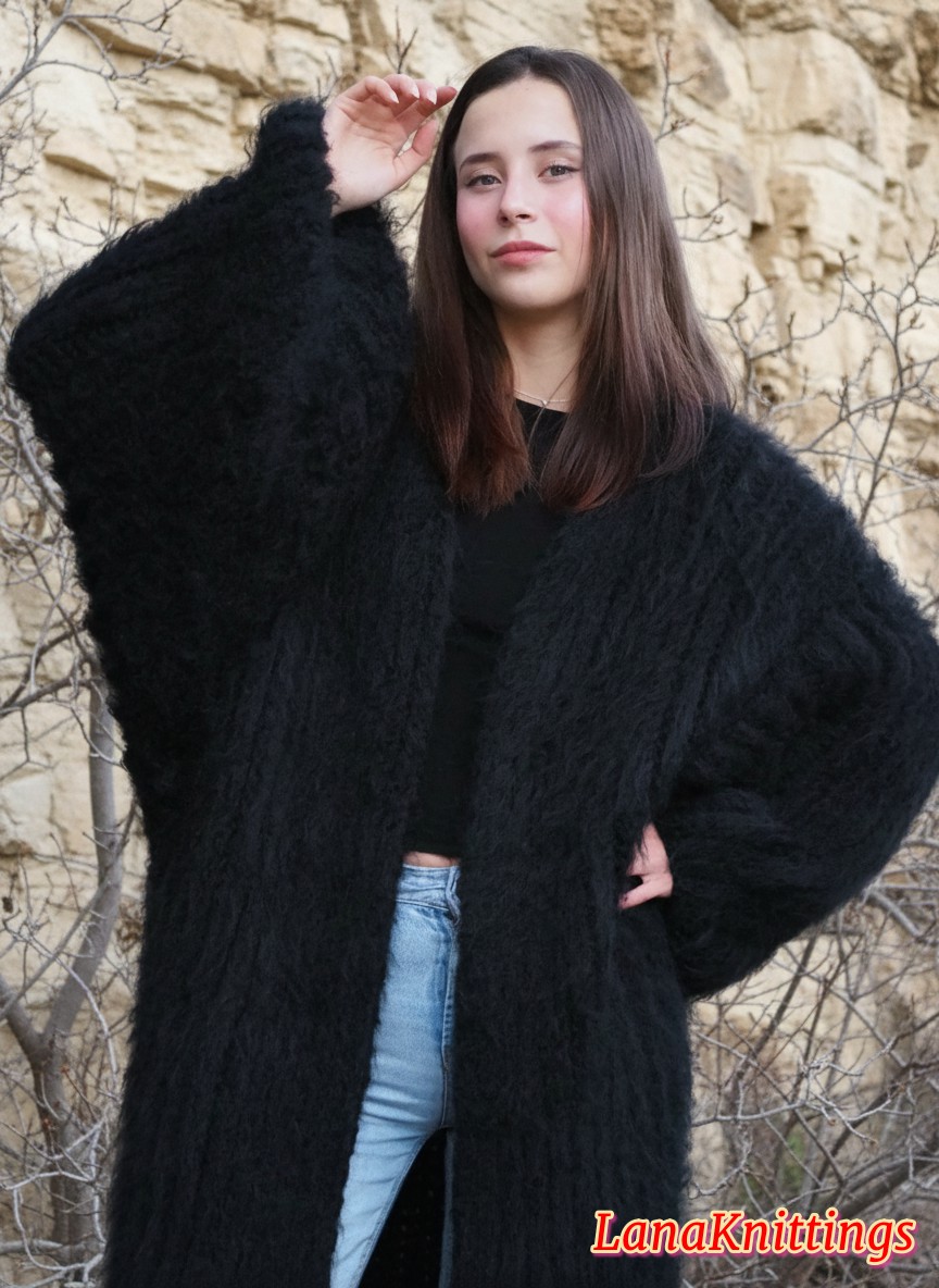 Mohair Long Coat Black Oversize Thick Mohair HandKnitted Handmade LanaKnittings - Image 13