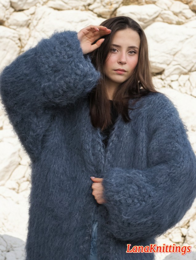 Mohair Coat Blue Jeans Oversize Thick Mohair HandKnitted Handmade LanaKnittings - Image 4