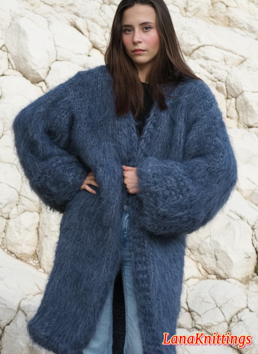 Mohair Coat Blue Jeans Oversize Thick Mohair HandKnitted Handmade LanaKnittings - Image 5