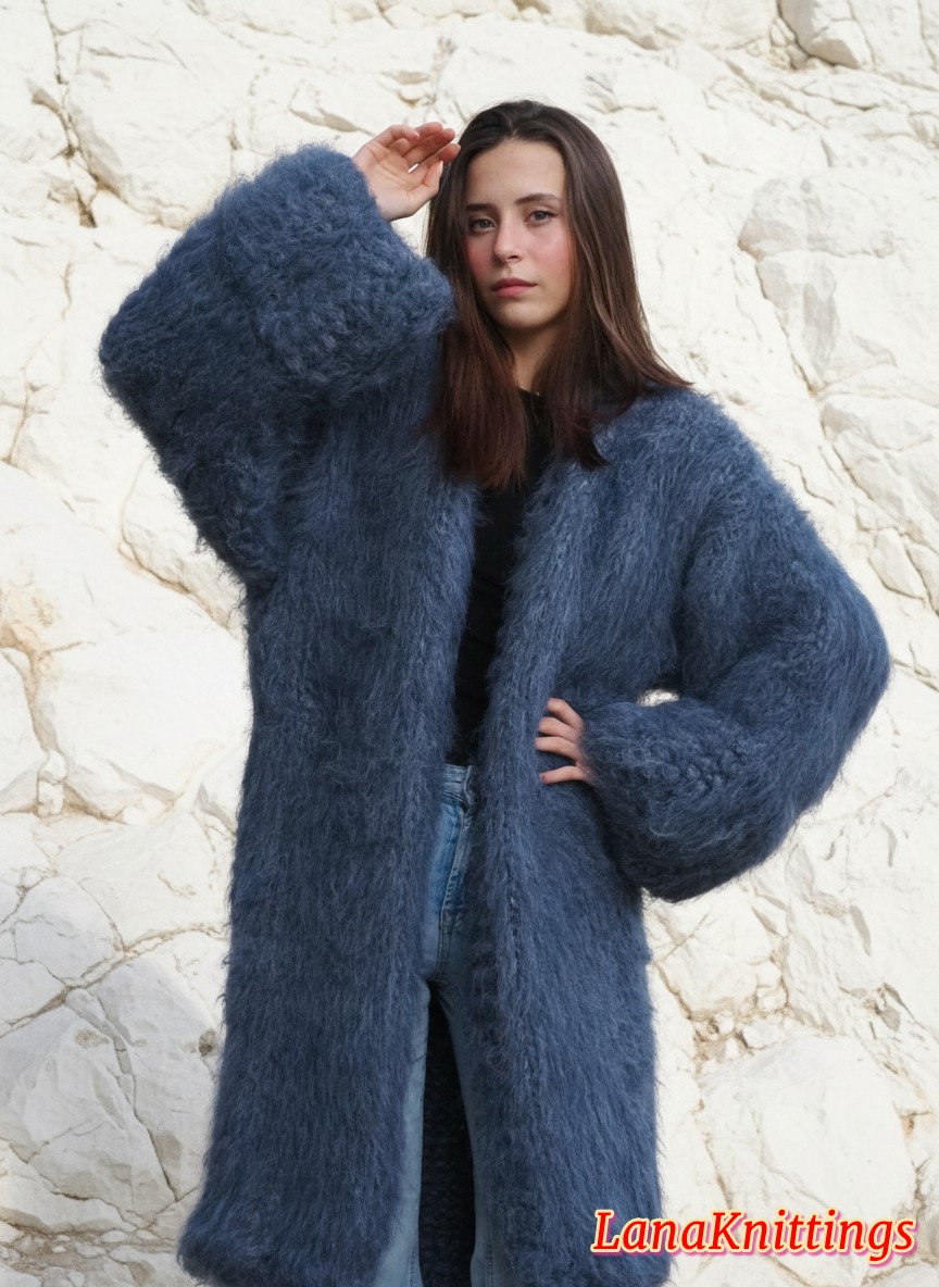 Mohair Coat Blue Jeans Oversize Thick Mohair HandKnitted Handmade LanaKnittings - Image 6
