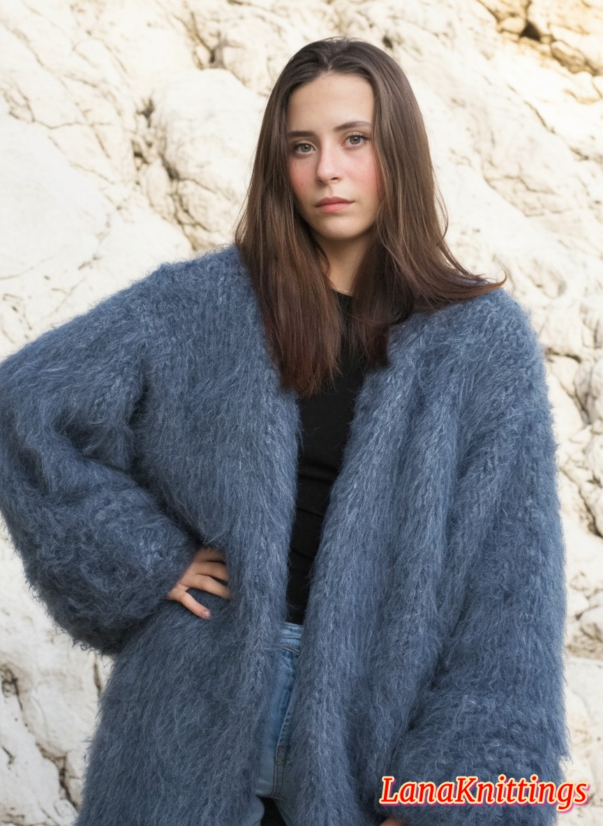 Mohair Coat Blue Jeans Oversize Thick Mohair HandKnitted Handmade LanaKnittings