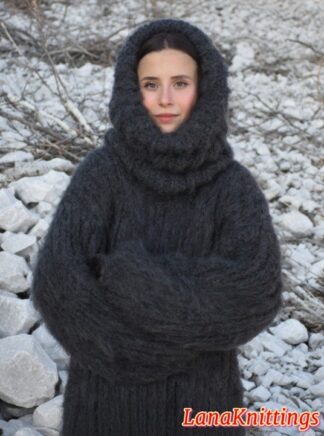 Mohair Sweater Thick Oversize Dark Gray T-neck removable Handmade Handknitted by Lanaknittings