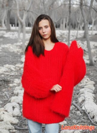 Mohair Sweater  Oversize Red T-neck removable Handmade Handknitted
