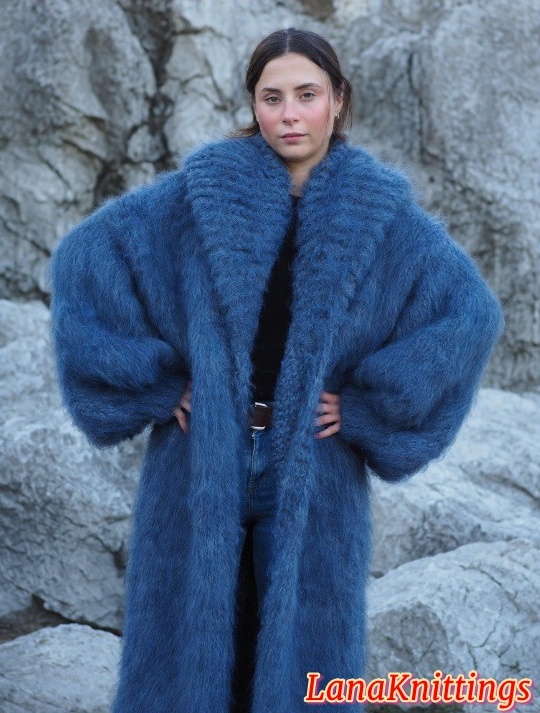 Mohair Coat Blue Jeans Oversize Thick Mohair Shawl Neck HandKnitted Handmade LanaKnittings - Image 11