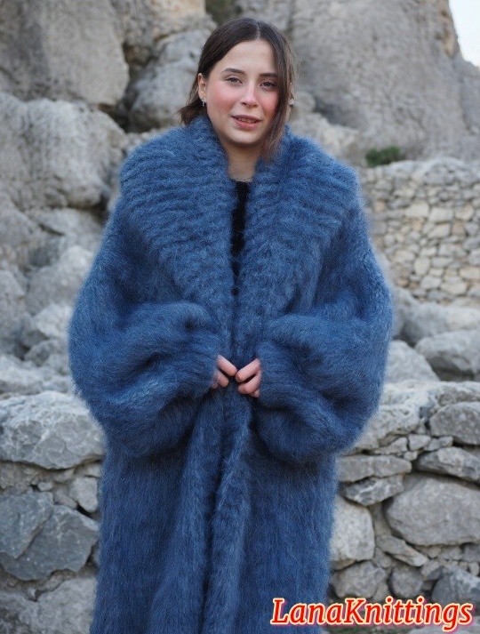 Mohair Coat Blue Jeans Oversize Thick Mohair Shawl Neck HandKnitted Handmade LanaKnittings - Image 12