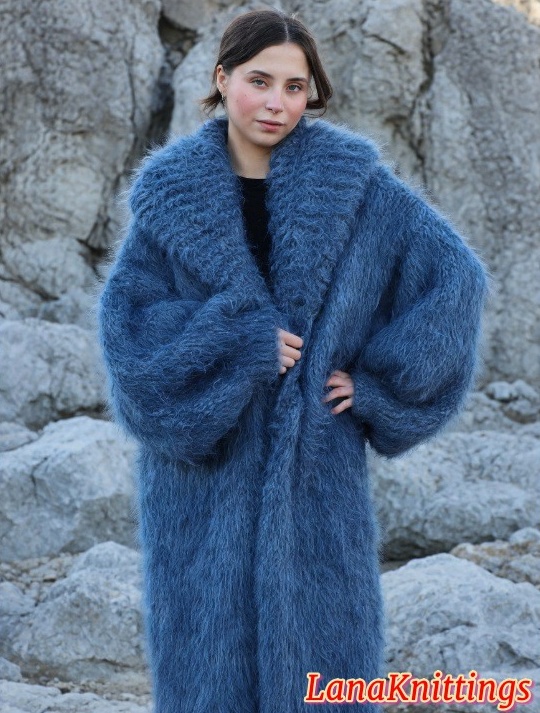 Mohair Coat Blue Jeans Oversize Thick Mohair Shawl Neck HandKnitted Handmade LanaKnittings - Image 13