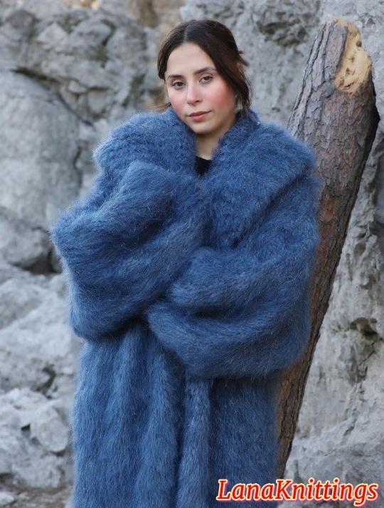 Mohair Coat Blue Jeans Oversize Thick Mohair Shawl Neck HandKnitted Handmade LanaKnittings - Image 14