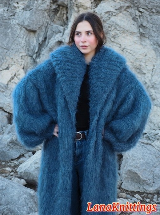 Mohair Coat Blue Jeans Oversize Thick Mohair Shawl Neck HandKnitted Handmade LanaKnittings - Image 15