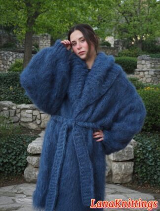 Mohair Coat Blue Jeans Oversize Thick Mohair Shawl Neck HandKnitted Handmade LanaKnittings