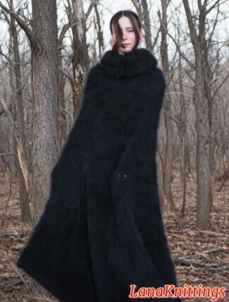 Black Mohair Long Poncho Oversize Handmade Handknitted by Lanaknittings