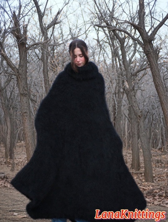 Black Mohair Long Poncho Oversize Handmade Handknitted by Lanaknittings - Image 5