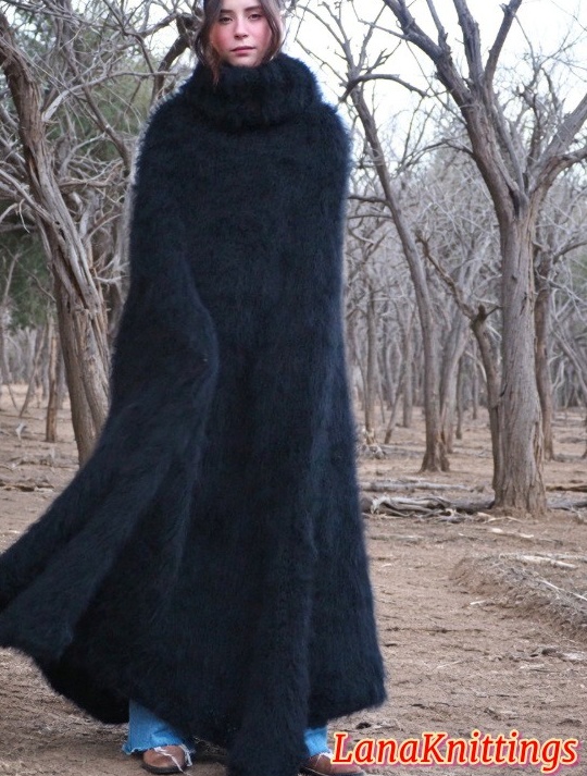 Black Mohair Long Poncho Oversize Handmade Handknitted by Lanaknittings - Image 11