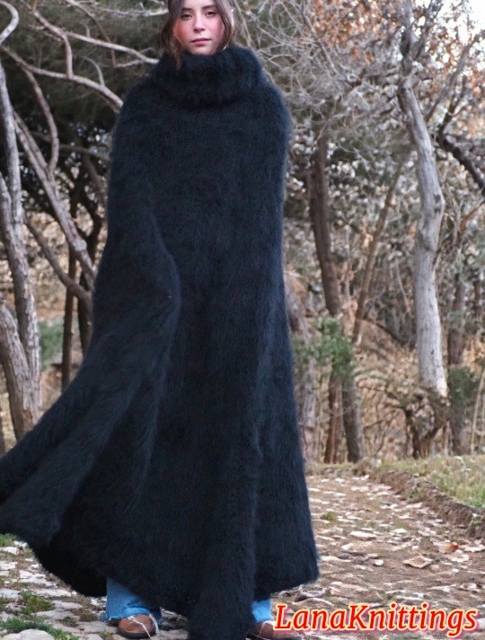 Black Mohair Long Poncho Oversize Handmade Handknitted by Lanaknittings - Image 12