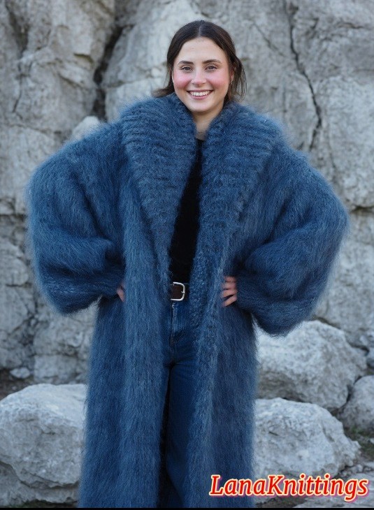 Mohair Coat Blue Jeans Oversize Thick Mohair Shawl Neck HandKnitted Handmade LanaKnittings - Image 2